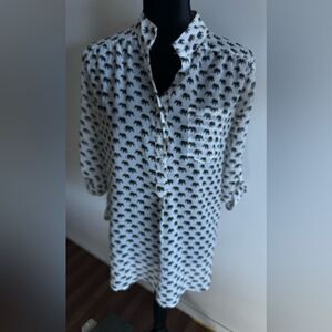 CALS Women’s Button Up Sheer Elephant Print Blouse 3/4 Sleeve Black & White Med